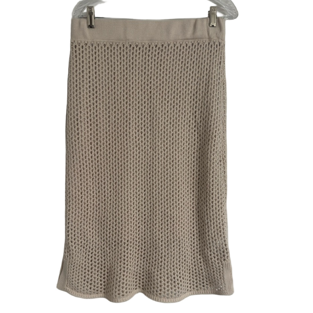 Nine West Knit MIDI Light- Beige Lined Sweater Skirt Size L